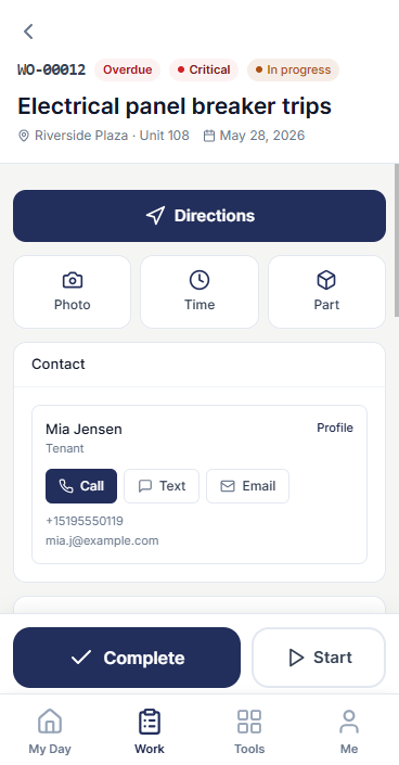 Technician work-order detail with directions, photo, time, parts, and tenant contact